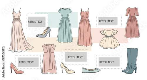 Elegant collection of dresses and shoes showcased in a minimalist and stylish fashion illustration