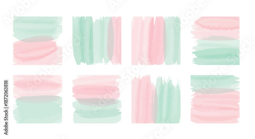 Elegant collection of eight watercolor pastel brush stroke textures in pink and green tones