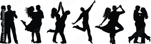 Silhouettes of Elegant Couples Dancing in Romantic Poses Including Ballroom Latin and Contemporary Styles for Celebration and Wedding Theme Concepts