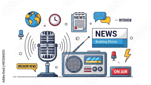 A colorful illustration of a microphone and radio with various news and broadcasting icons around them on a white background with media with air