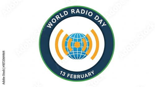 World radio day logo with globe and sound waves on white background with broadcasting and communication and media and event with February 13