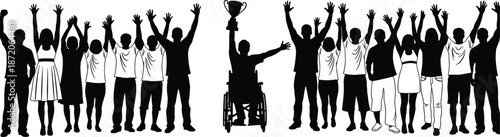Diverse Silhouette Group of People Celebrating Success and Inclusion with a Person in a Wheelchair Holding a Trophy During Victory