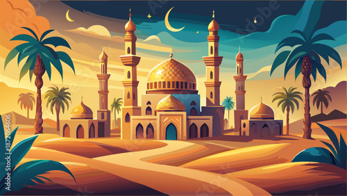 Desert mosque under moonlit sky Vector, illustration