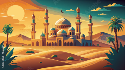 Desert oasis with grand mosque Vector, illustration