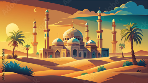 Serene desert mosque at sunset Vector, illustration
