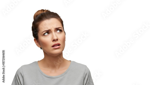 A concerned woman with a puzzled expression on her face on transparent background