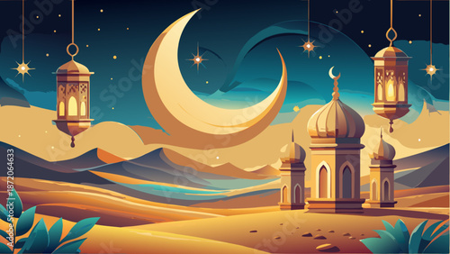 Serene night in the desert with mosque and lanterns Vector, illustration