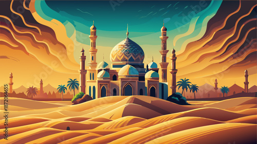 Desert oasis mosque at sunset Vector, illustration