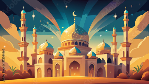 Illuminated mosque under starlit sky Vector, illustration