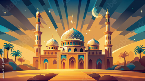 Desert mosque under starlit sky Vector, illustration