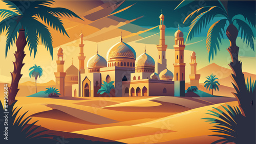 Desert mosque at sunset Vector, illustration