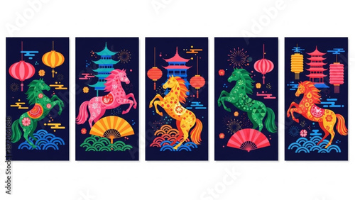 Chinese New Year Colorful Chinese Zodiac Horse Illustrations with Lanterns and Pagodas in Festive Night Scene, Digital Art, Vibrant Culture Concept