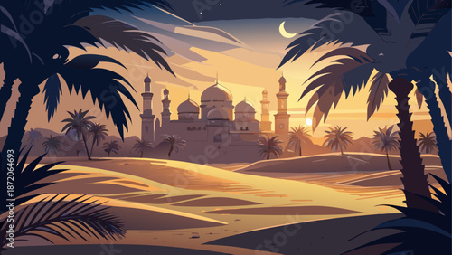 Desert oasis at sunset Vector, illustration