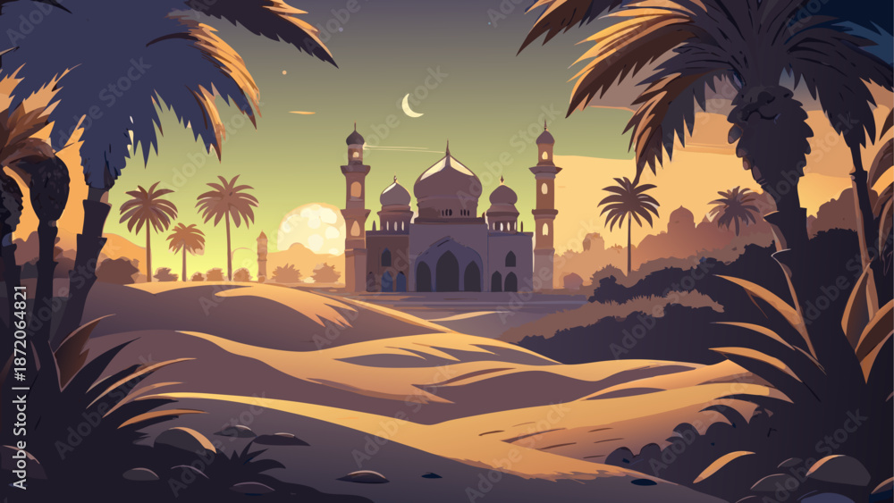 Obraz premium Sunset over a desert mosque Vector, illustration