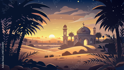 Sunset over a desert oasis Vector, illustration