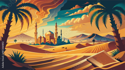 Desert oasis with mosque Vector, illustration