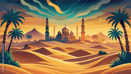 Desert oasis with ancient city Vector, illustration