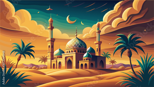 Desert mosque under moonlit sky Vector, illustration