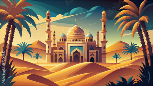Desert oasis with majestic mosque Vector, illustration