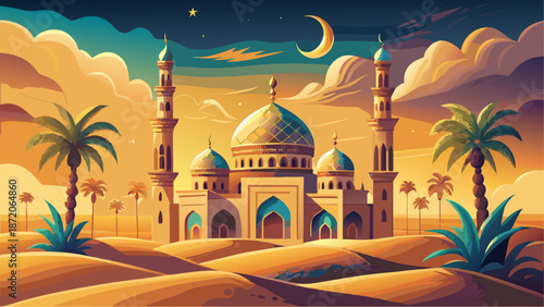 Serene desert mosque under moonlit sky Vector, illustration