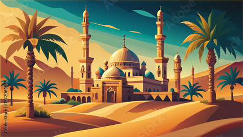 Desert oasis with grand mosque Vector, illustration