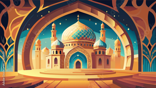 Illuminated mosque through intricate archway Vector, illustration