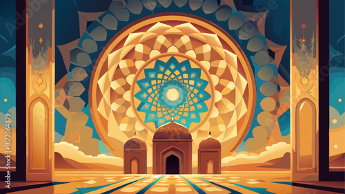 Illuminated mosque entrance Vector, illustration