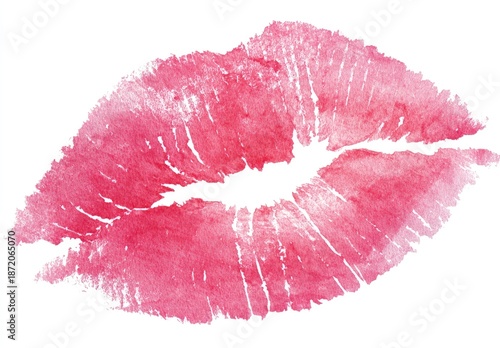 Watercolor illustration of a pink lipstick kiss mark on a white background