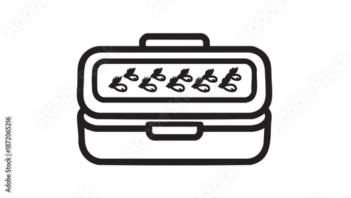 Illustration of a lunchbox with musical notes inside viewed from the front