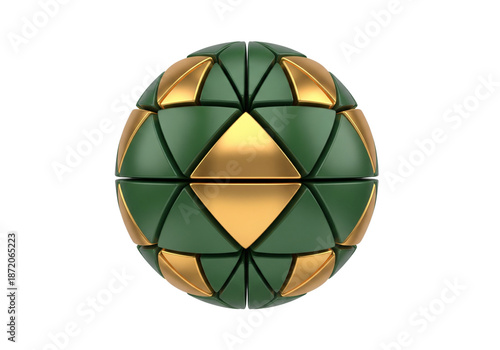 Intricate Geometric Sphere with Green and Gold Facets