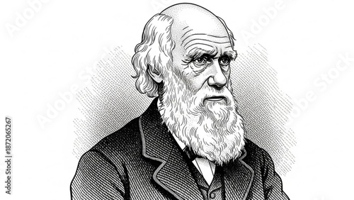 Black and white illustration of a mature man with a long beard and balding hair looking to the right in a dark suit on a shaded with portrait