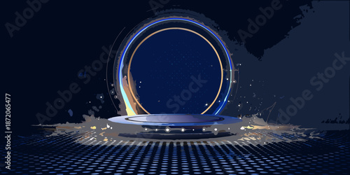A glowing portal stands on a platform surrounded by darkness and stardust