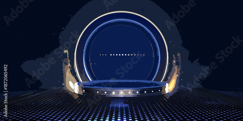 Elegant dark blue stage with glowing circular backdrop and illuminated platform