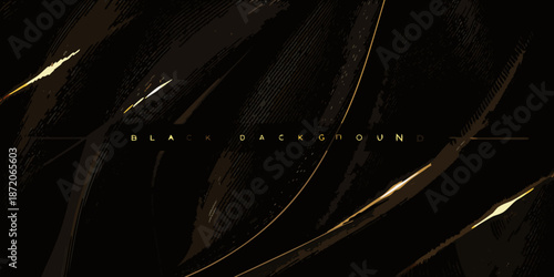 Abstract black background with elegant gold lines and textured flowing shapes