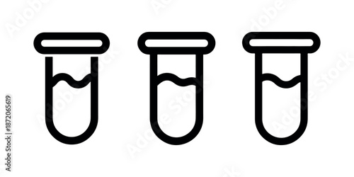 Three black outline test tubes filled with liquid and measurement lines on isolated white background