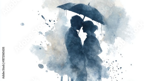 Watercolor Silhouette of Couple Embracing Under Umbrella in Romantic Rainy Day Abstract.