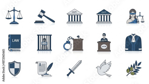 A collection of legal and justice related icons including scales of justice gavel court buildings law book prison bars handcuffs judge with robe