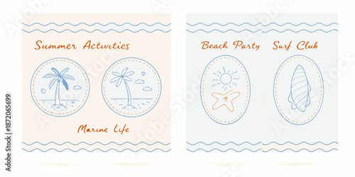 Summer themed posters featuring beach icons and marine life illustrations
