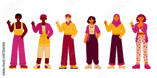 Diverse group of young women in fashionable casual clothing standing together