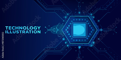 Abstract technology illustration with glowing blue circuit lines and a central processor