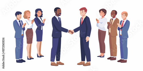 Diverse business team celebrating a successful deal with a handshake