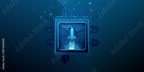 Technological advancement symbolized by a rocket launch within a digital circuit board