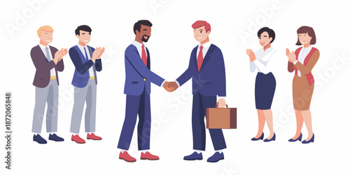 Business professionals shaking hands and applauding showcasing a successful deal