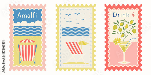 Colorful vintage style postage stamps featuring coastal themes and summer drinks