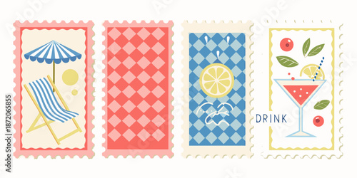 Four colorful postage stamps depicting summer themes and refreshing drinks
