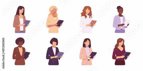 Diverse group of women holding tablets illustrated in a simple modern style
