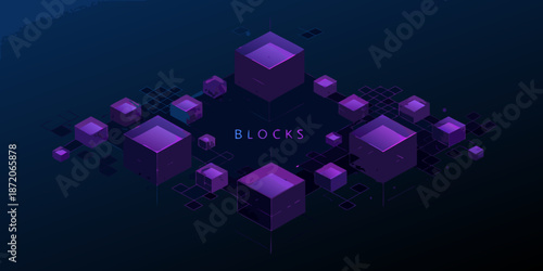 Abstract geometric design featuring interconnected purple cubes on a dark background