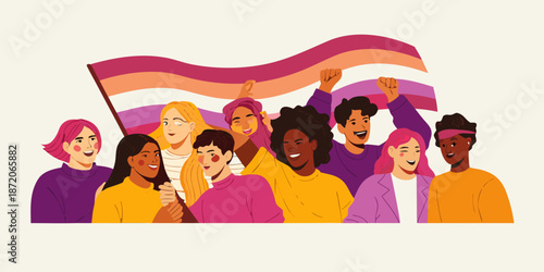 A diverse group of people proudly display the lesbian pride flag together