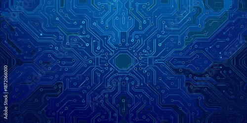 Abstract blue circuit board pattern with a central hexagonal focus point