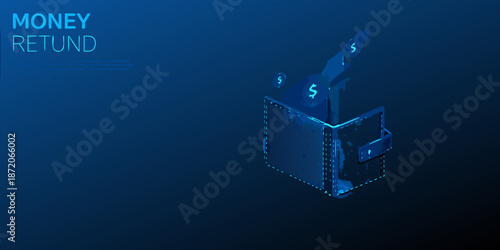 Digital illustration of a wallet with money flying out labeled money refund